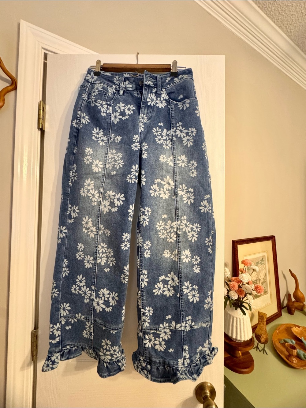 Blue Floral Wide-Leg Jeans with Ruffle Hem